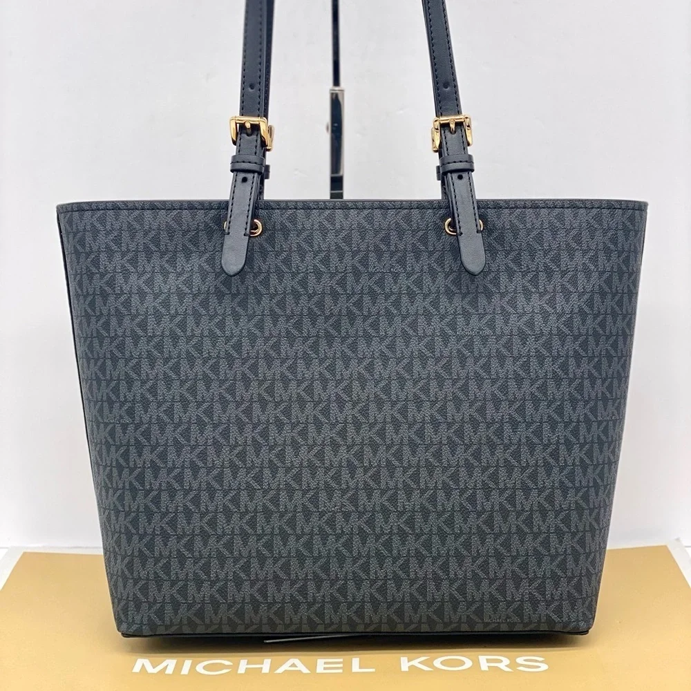 Michael Kors Jet Set Medium Double Pocket Tote Shoulder Bag Black
